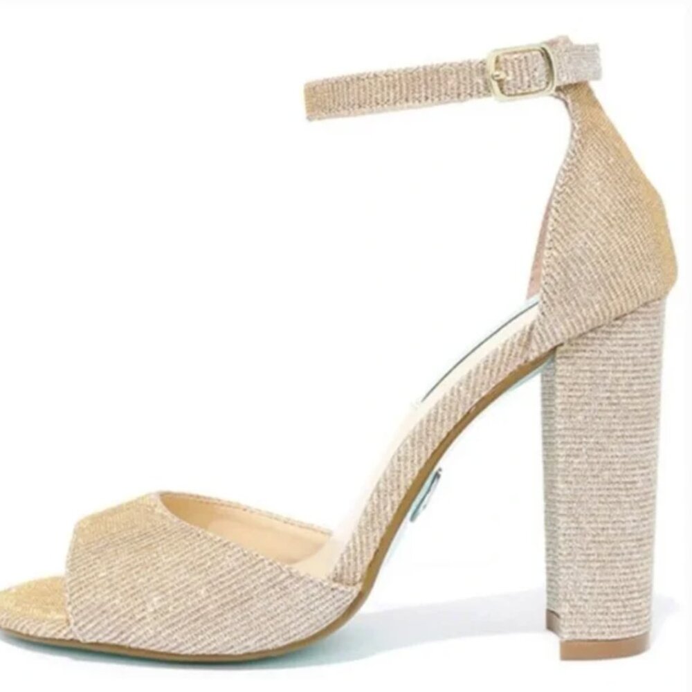 Betsey Johnson Carly Gold Glitter Shimmer Ankle Strap Block Heels Size 8.5